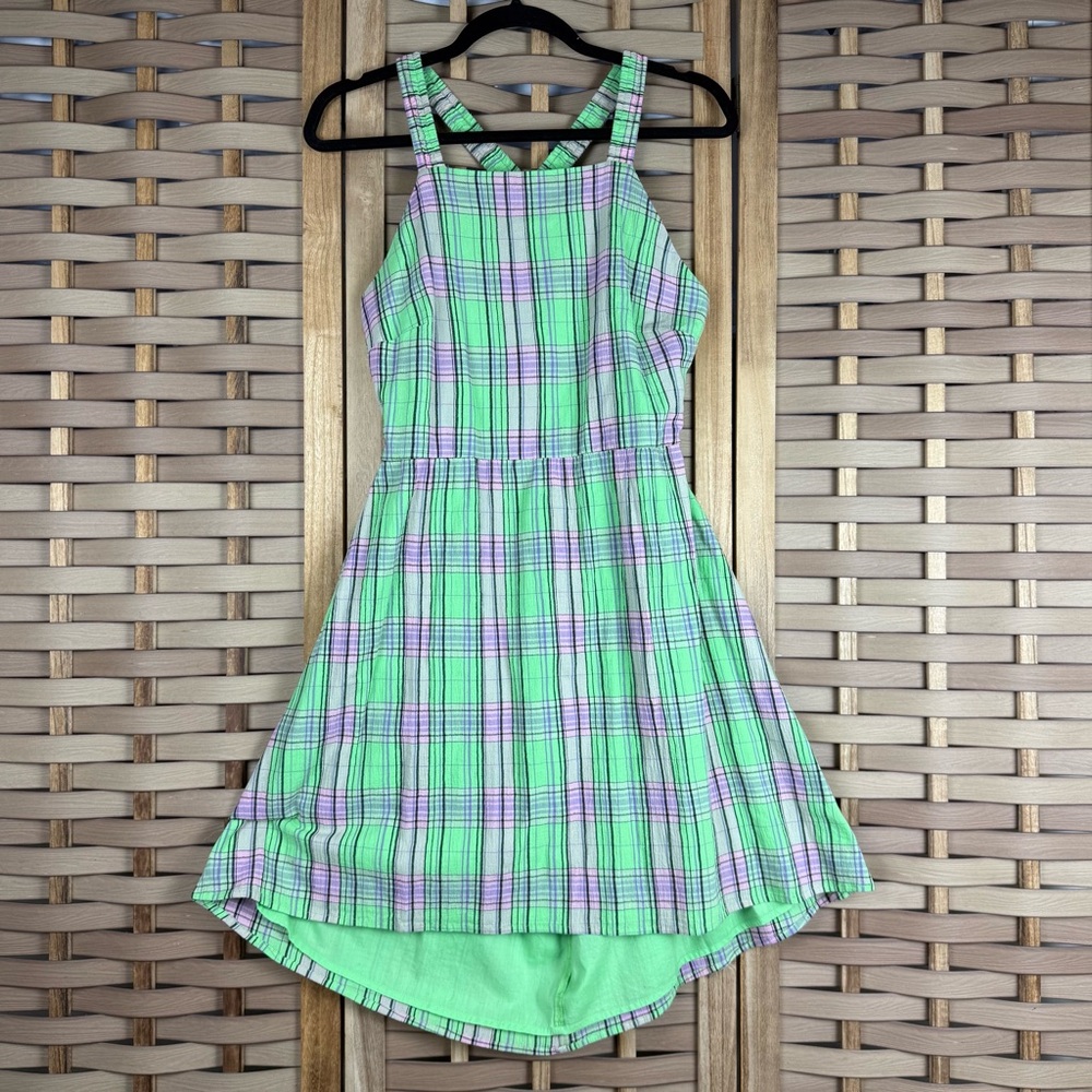 BP NORDSTROM Plaid Apron Overall Criss Cross Open Low Back Mini Dress